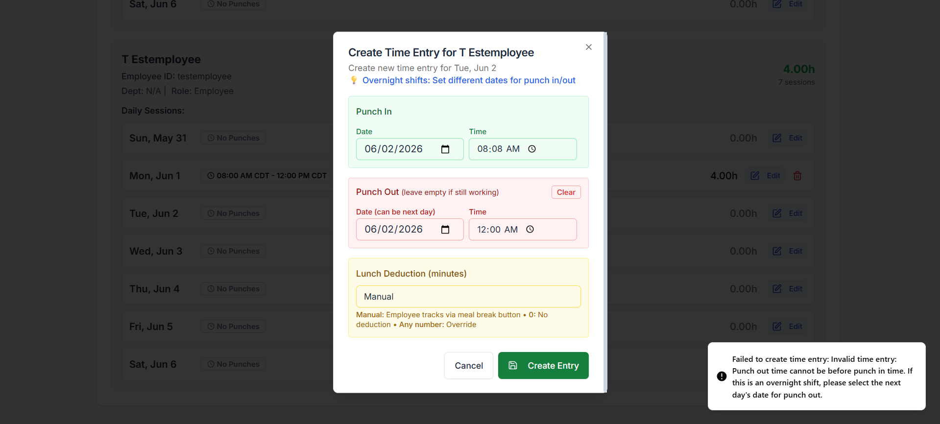 Invalid Time Entry